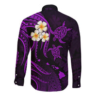 Personalised Kauai Hawaii Long Sleeve Button Shirt Polynesian Tattoo and Pacific Plumeria Purple Vibe LT9 - Polynesian Pride