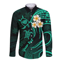 Personalised Kauai Hawaii Long Sleeve Button Shirt Polynesian Tattoo and Pacific Plumeria Turquoise Vibe LT9 Unisex Turquoise - Polynesian Pride