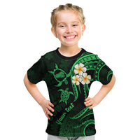 Personalised Kahoolawe Hawaii Kid T Shirt Polynesian Tattoo and Pacific Plumeria Green Vibe LT9 Green - Polynesian Pride
