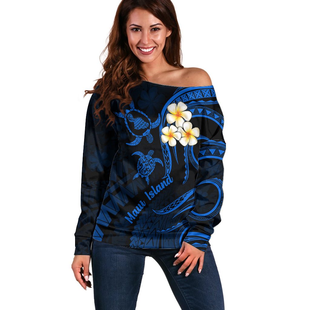 Hawaii Off Shoulder Sweater Maui Islands Pacific Plumeria Blue Vibe LT9 Women Blue - Polynesian Pride