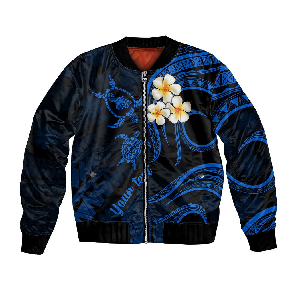 Personalised Maui Hawaii Bomber Jacket Polynesian Tattoo and Pacific Plumeria Blue Vibe LT9 Unisex Blue - Polynesian Pride