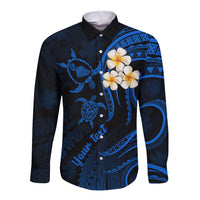 Personalised Maui Hawaii Long Sleeve Button Shirt Polynesian Tattoo and Pacific Plumeria Blue Vibe LT9 Unisex Blue - Polynesian Pride