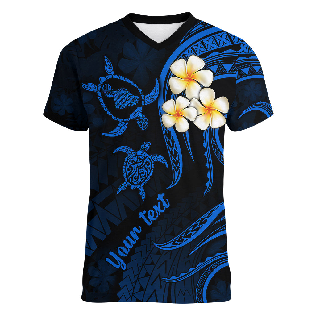 Personalised Maui Hawaii Women V Neck T Shirt Polynesian Tattoo and Pacific Plumeria Blue Vibe LT9 Female Blue - Polynesian Pride