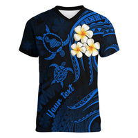 Personalised Maui Hawaii Women V Neck T Shirt Polynesian Tattoo and Pacific Plumeria Blue Vibe LT9 Female Blue - Polynesian Pride