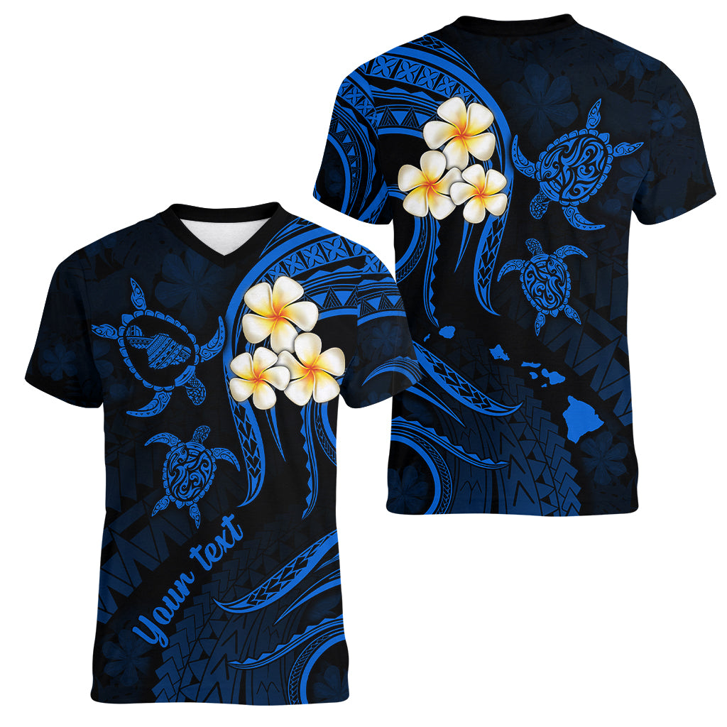 Personalised Maui Hawaii Women V Neck T Shirt Polynesian Tattoo and Pacific Plumeria Blue Vibe LT9 - Polynesian Pride