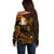 Personalised Maui Hawaii Off Shoulder Sweater Polynesian Tattoo and Pacific Plumeria Gold Vibe LT9 - Polynesian Pride