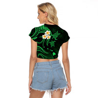 Personalised Maui Hawaii Raglan Cropped T Shirt Polynesian Tattoo and Pacific Plumeria Green Vibe LT9 - Polynesian Pride