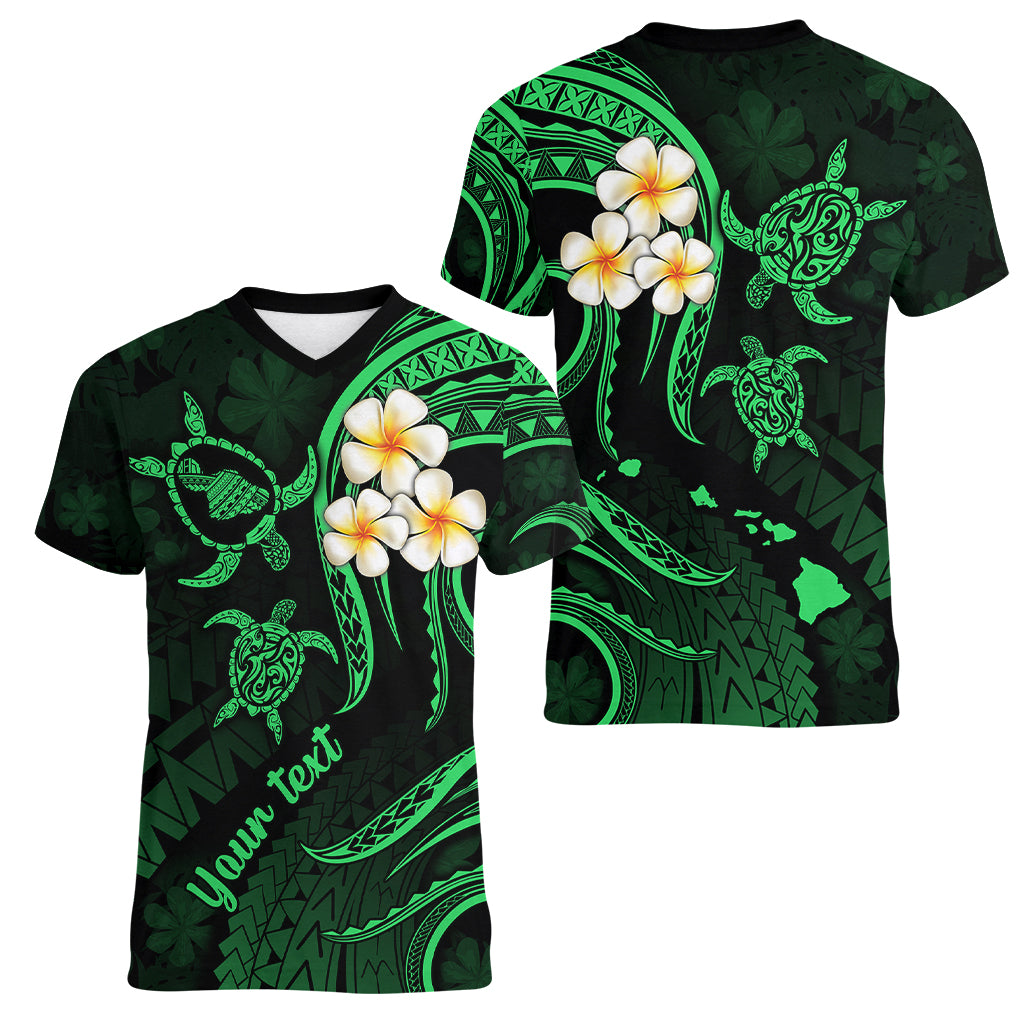 Personalised Maui Hawaii Women V Neck T Shirt Polynesian Tattoo and Pacific Plumeria Green Vibe LT9 - Polynesian Pride