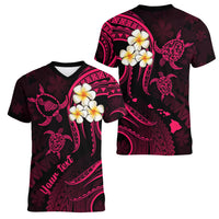 Personalised Maui Hawaii Women V Neck T Shirt Polynesian Tattoo and Pacific Plumeria Pink Vibe LT9 - Polynesian Pride