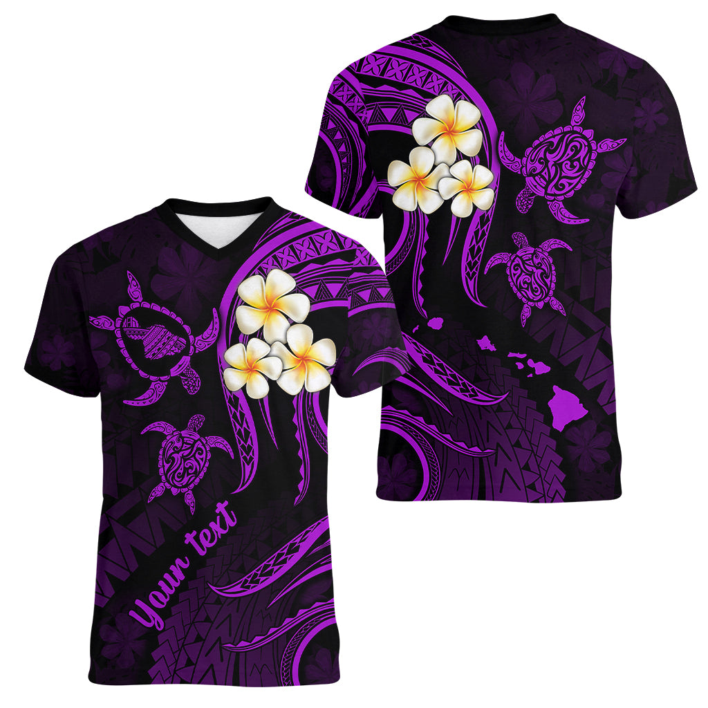 Personalised Maui Hawaii Women V Neck T Shirt Polynesian Tattoo and Pacific Plumeria Purple Vibe LT9 - Polynesian Pride