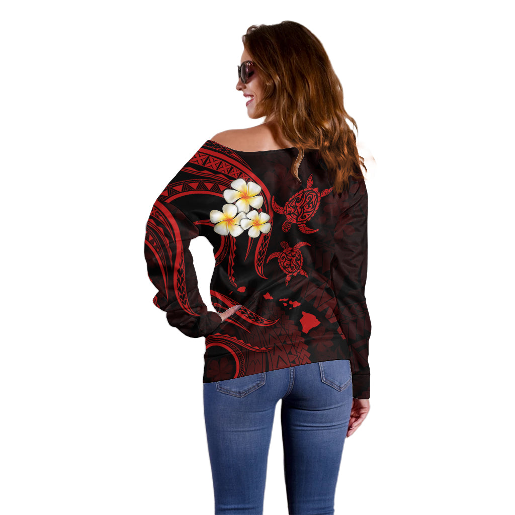 Personalised Maui Hawaii Off Shoulder Sweater Polynesian Tattoo and Pacific Plumeria Red Vibe LT9 - Polynesian Pride