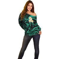 Personalised Maui Hawaii Off Shoulder Sweater Polynesian Tattoo and Pacific Plumeria Turquoise Vibe LT9 - Polynesian Pride