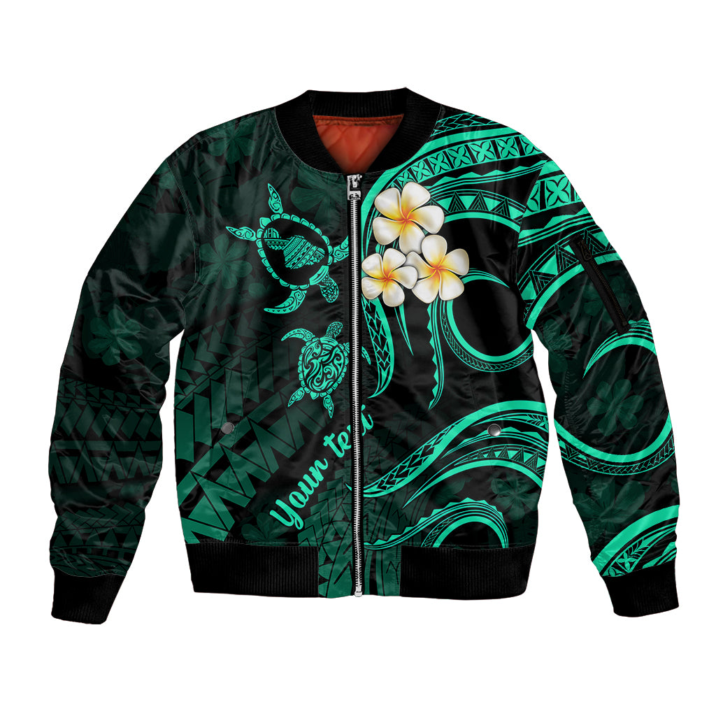 Personalised Maui Hawaii Sleeve Zip Bomber Jacket Polynesian Tattoo and Pacific Plumeria Turquoise Vibe LT9 Unisex Turquoise - Polynesian Pride