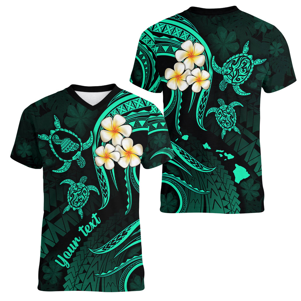 Personalised Maui Hawaii Women V Neck T Shirt Polynesian Tattoo and Pacific Plumeria Turquoise Vibe LT9 - Polynesian Pride