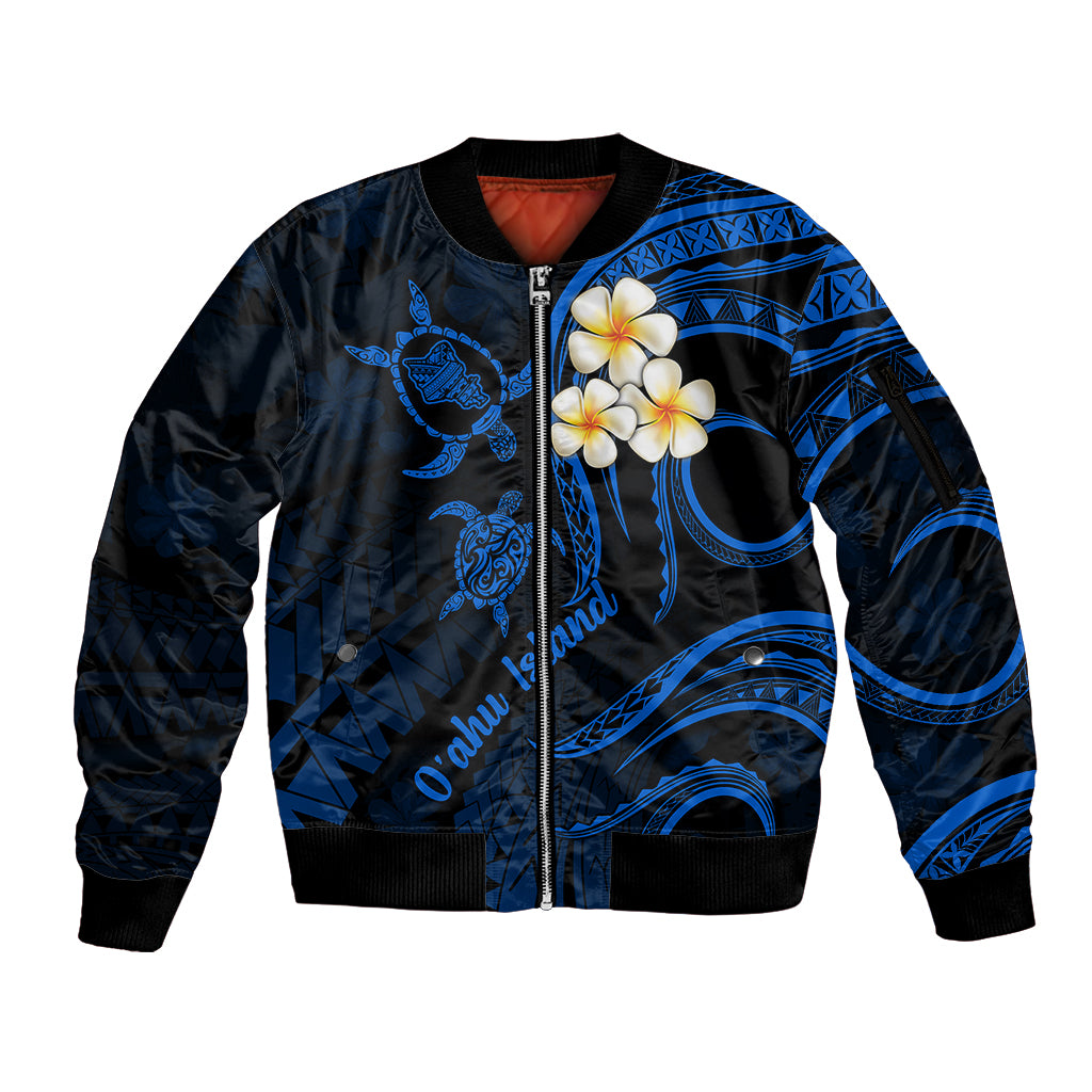 Hawaii Sleeve Zip Bomber Jacket Oahu Islands Pacific Plumeria Blue Vibe LT9 Unisex Blue - Polynesian Pride