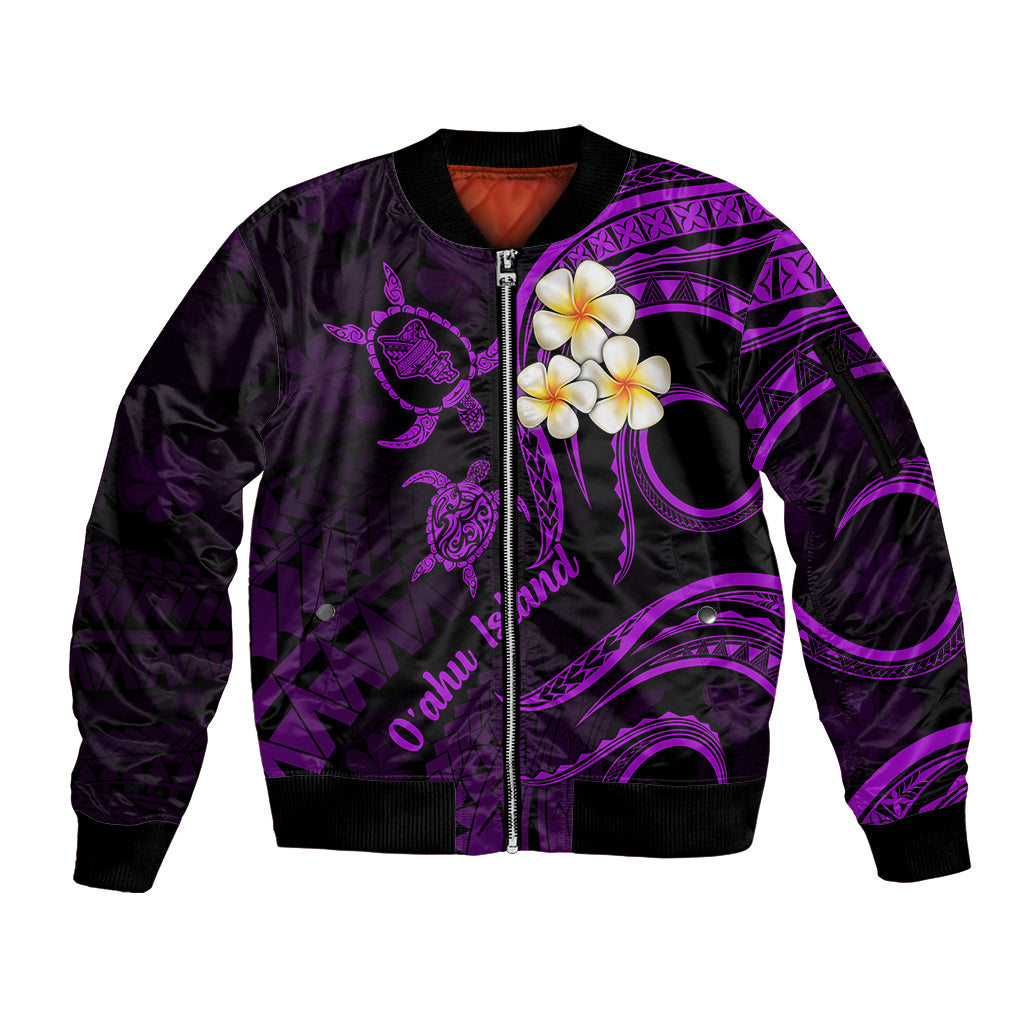 Hawaii Sleeve Zip Bomber Jacket Oahu Islands Pacific Plumeria Purple Vibe LT9 Unisex Purple - Polynesian Pride