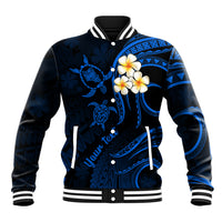 Personalised Oahu Hawaii Baseball Jacket Polynesian Tattoo and Pacific Plumeria Blue Vibe LT9 Unisex Blue - Polynesian Pride