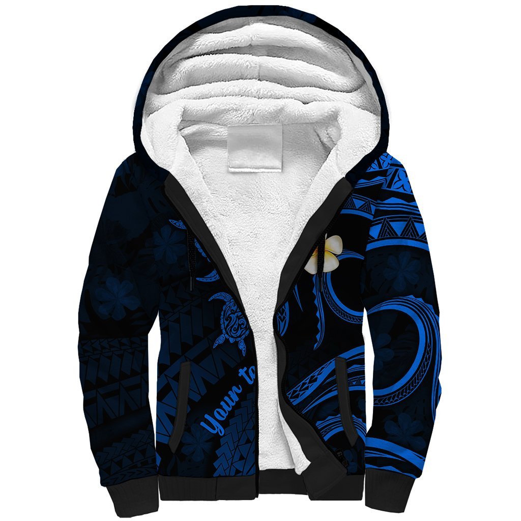 Personalised Oahu Hawaii Sherpa Hoodie Polynesian Tattoo and Pacific Plumeria Blue Vibe LT9 Unisex Blue - Polynesian Pride