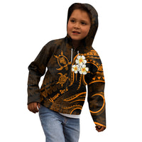 Personalised Oahu Hawaii Kid Hoodie Polynesian Tattoo and Pacific Plumeria Gold Vibe LT9 - Polynesian Pride