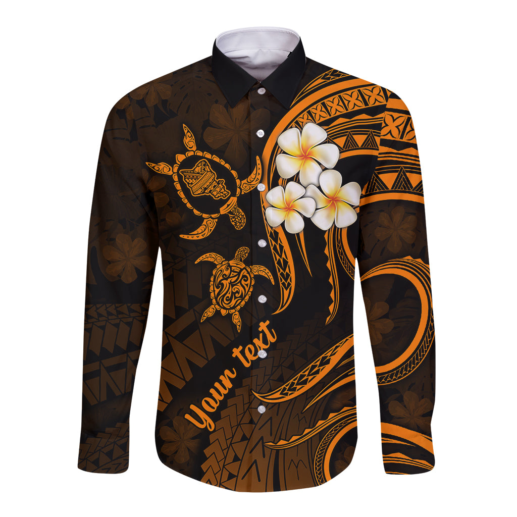 Personalised Oahu Hawaii Long Sleeve Button Shirt Polynesian Tattoo and Pacific Plumeria Gold Vibe LT9 Unisex Gold - Polynesian Pride