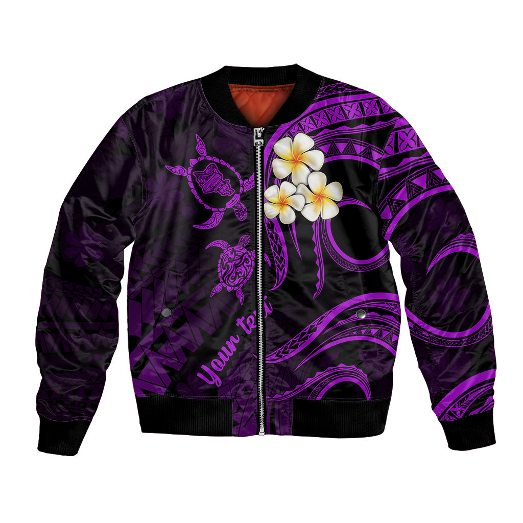 Personalised Oahu Hawaii Bomber Jacket Polynesian Tattoo and Pacific Plumeria Purple Vibe LT9 Unisex Purple - Polynesian Pride