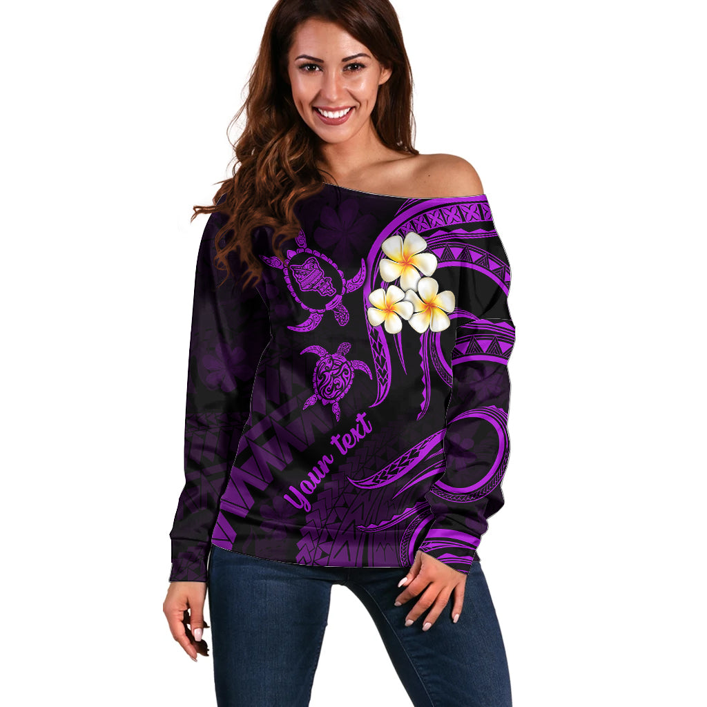 Personalised Oahu Hawaii Off Shoulder Sweater Polynesian Tattoo and Pacific Plumeria Purple Vibe LT9 Women Purple - Polynesian Pride