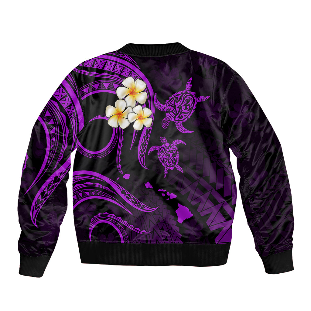 Personalised Oahu Hawaii Sleeve Zip Bomber Jacket Polynesian Tattoo and Pacific Plumeria Purple Vibe LT9 - Polynesian Pride