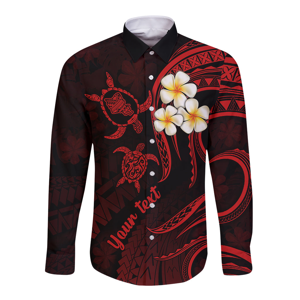 Personalised Oahu Hawaii Long Sleeve Button Shirt Polynesian Tattoo and Pacific Plumeria Red Vibe LT9 Unisex Red - Polynesian Pride