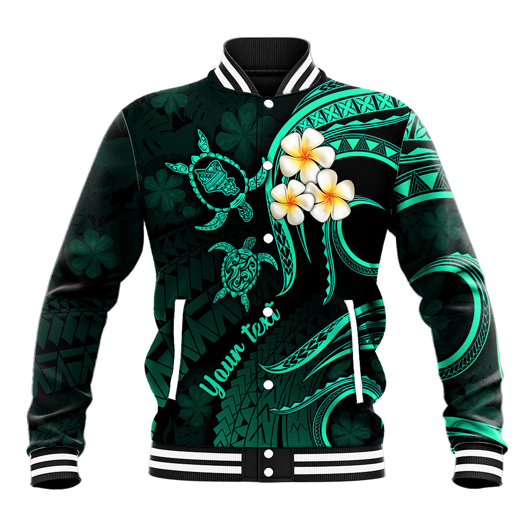 Personalised Oahu Hawaii Baseball Jacket Polynesian Tattoo and Pacific Plumeria Turquoise Vibe LT9 Unisex Turquoise - Polynesian Pride