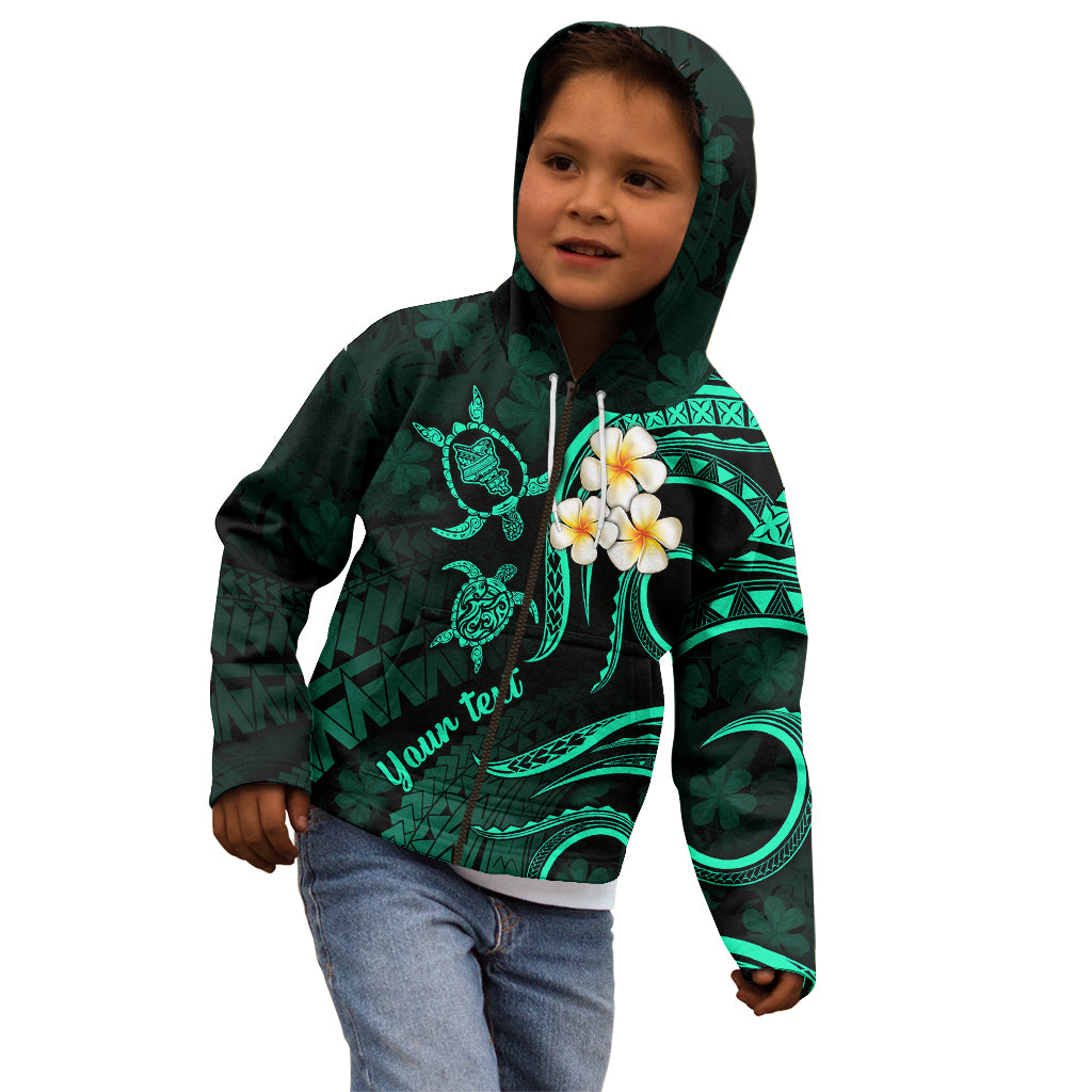 Personalised Oahu Hawaii Kid Hoodie Polynesian Tattoo and Pacific Plumeria Turquoise Vibe LT9 - Polynesian Pride