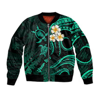 Personalised Oahu Hawaii Sleeve Zip Bomber Jacket Polynesian Tattoo and Pacific Plumeria Turquoise Vibe LT9 Unisex Turquoise - Polynesian Pride
