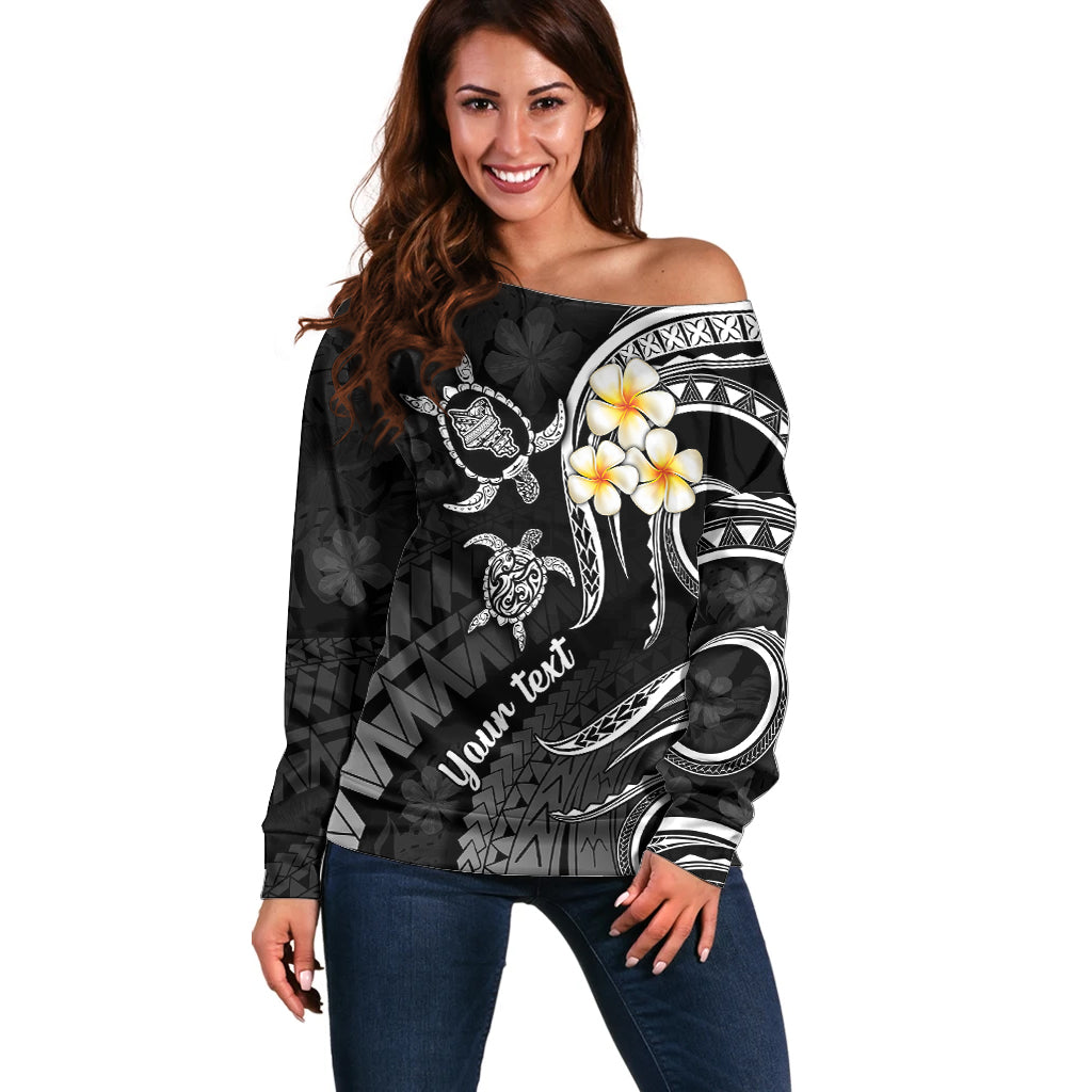 Personalised Oahu Hawaii Off Shoulder Sweater Polynesian Tattoo and Pacific Plumeria White Vibe LT9 Women White - Polynesian Pride