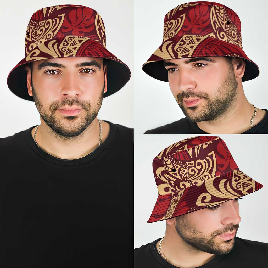 Luxury Red Monstera Bucket Hat Polynesian Tribal Pattern - Polynesian Pride
