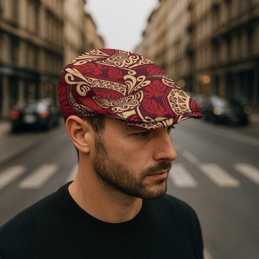 Luxury Red Monstera Jeff Hat Polynesian Tribal Pattern - Polynesian Pride