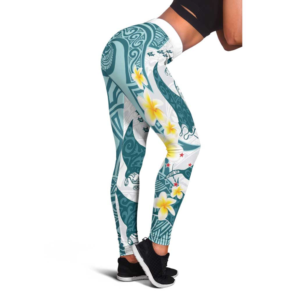 Maori Manta Ray Plumeria Teal Leggings - Polynesian Pride