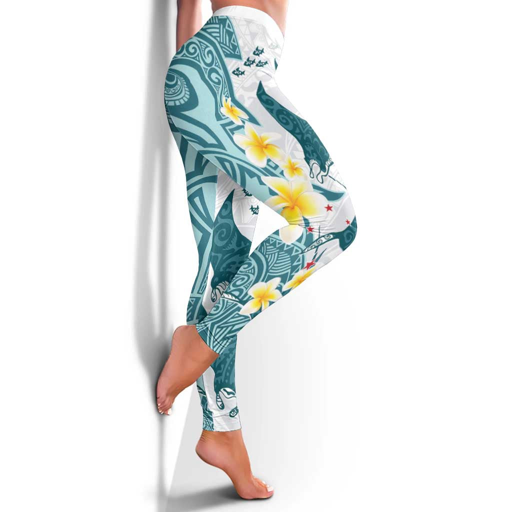 Maori Manta Ray Plumeria Teal Leggings - Polynesian Pride