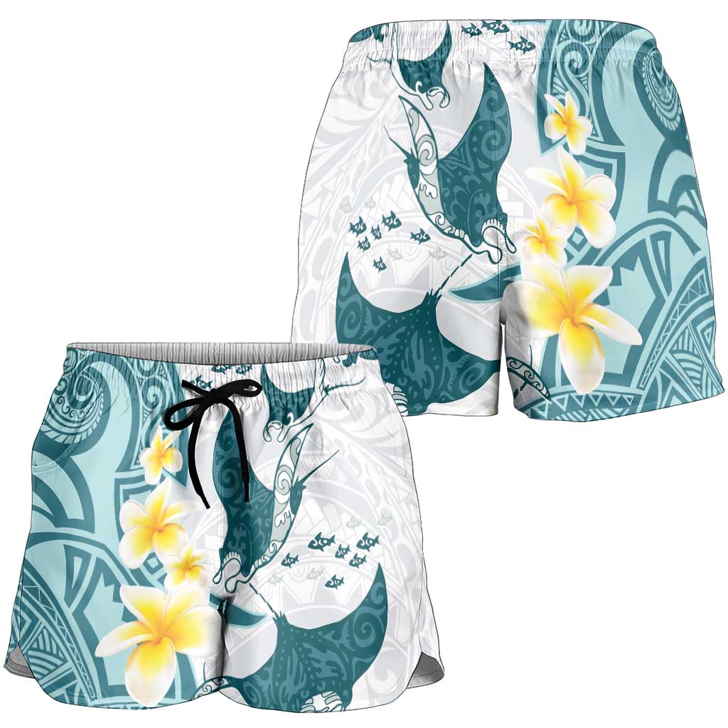 Maori Manta Ray Plumeria Teal Shorts for Women - Polynesian Pride