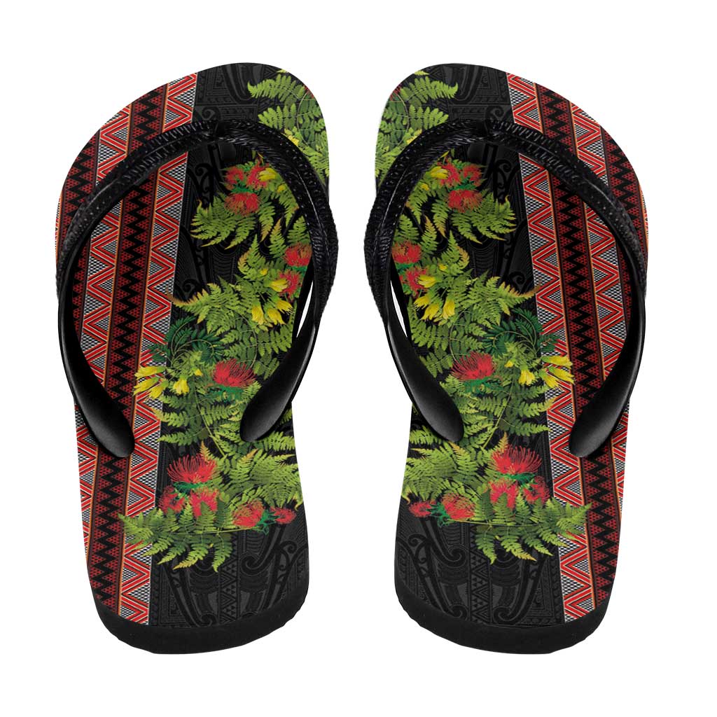 Maori Tukutuku Flip Flops with Ferns Pohutukawa and Kowhai Tribal Moko Patterns