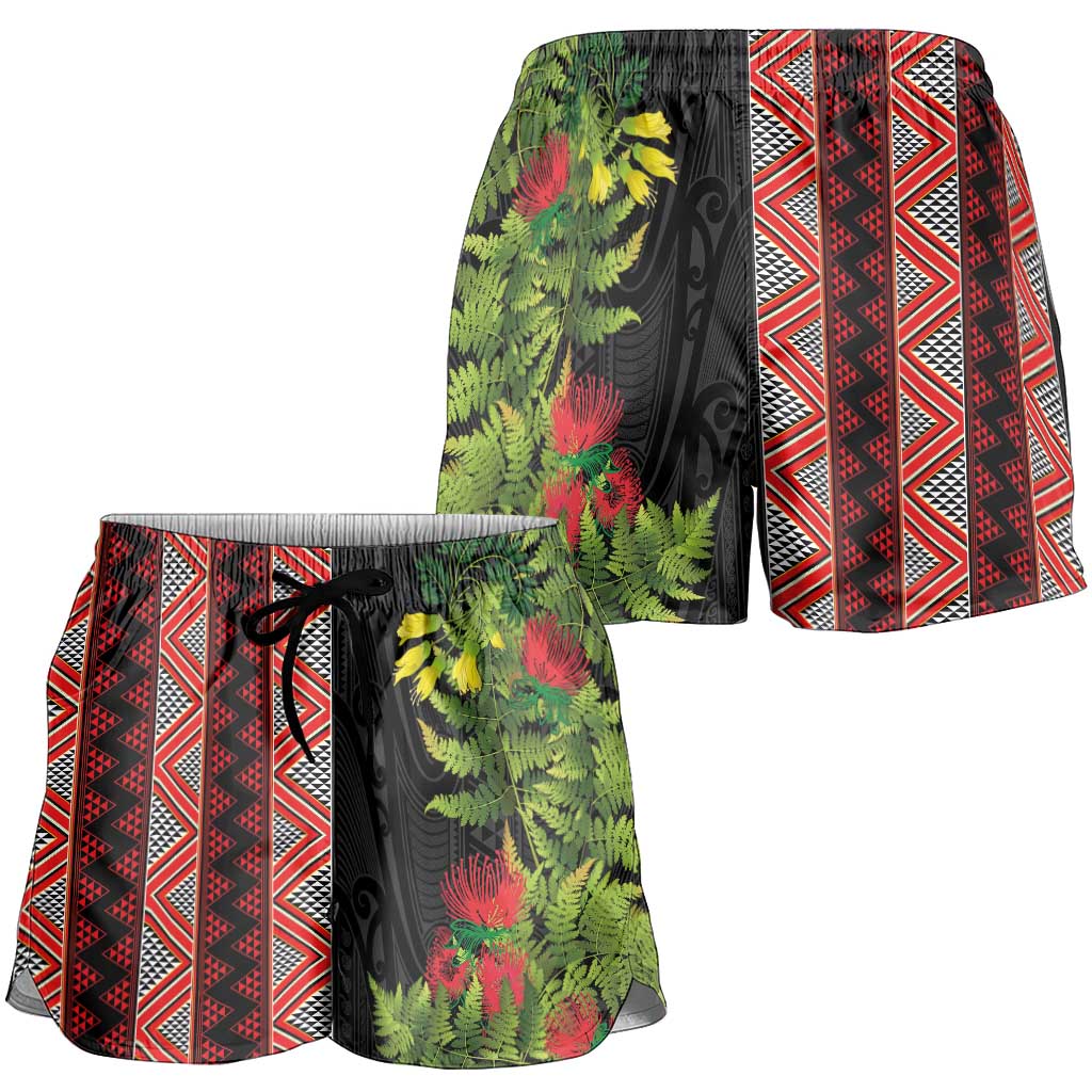 Maori Tukutuku Shorts for Women with Ferns Pohutukawa and Kowhai Tribal Moko Patterns