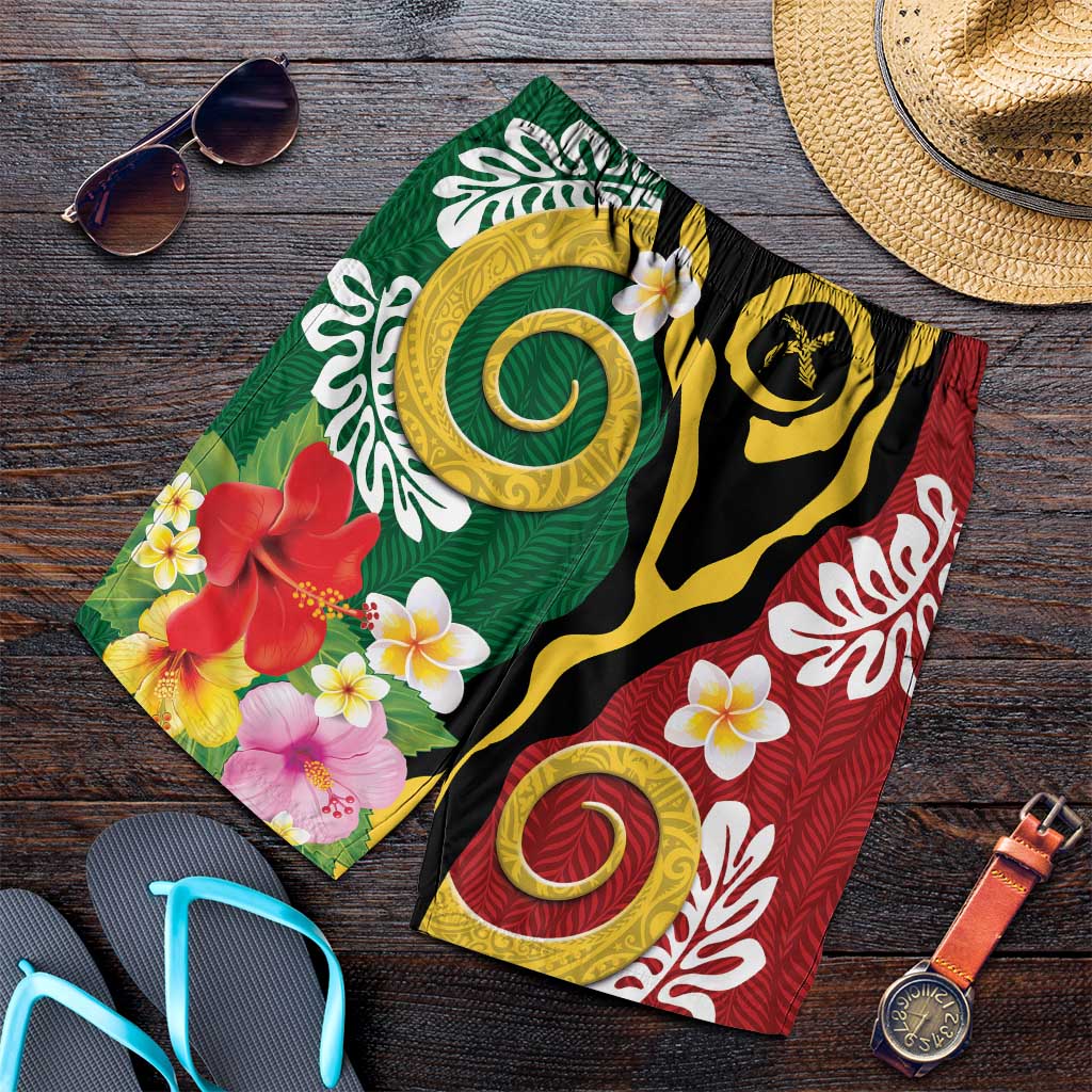 Melanesian Vanuatu Tribal Boar Tusk Shorts for Men Tropical Plants and Namele Motifs - Polynesian Pride