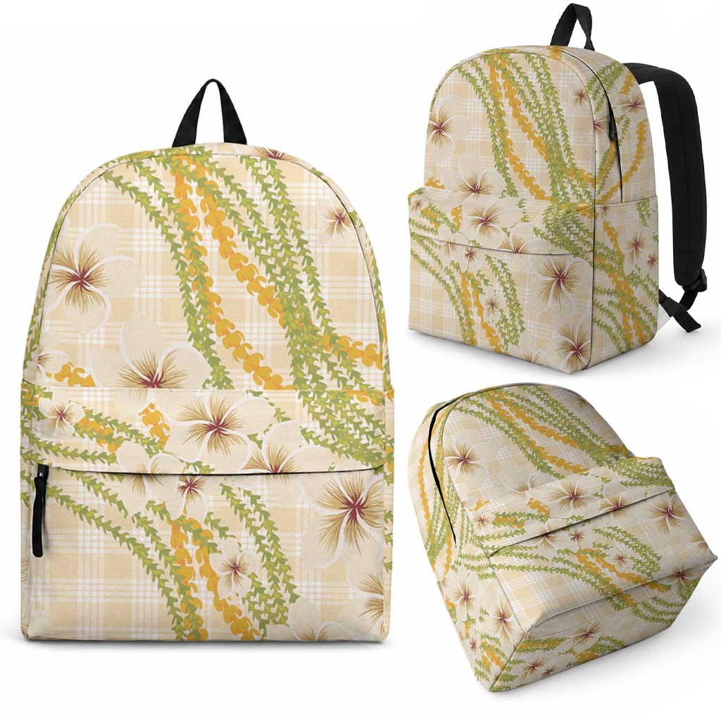Melemele Ahiahia Hawai'i Palaka Plumeria Backpack Puakenikeni and Maile Lei
