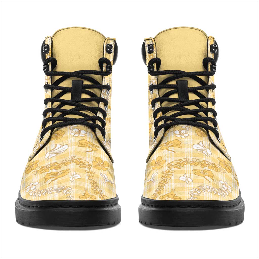 Melemele Aloha Hawaii All Season Boots Plumeria Lei With Palaka Motif - Polynesian Pride