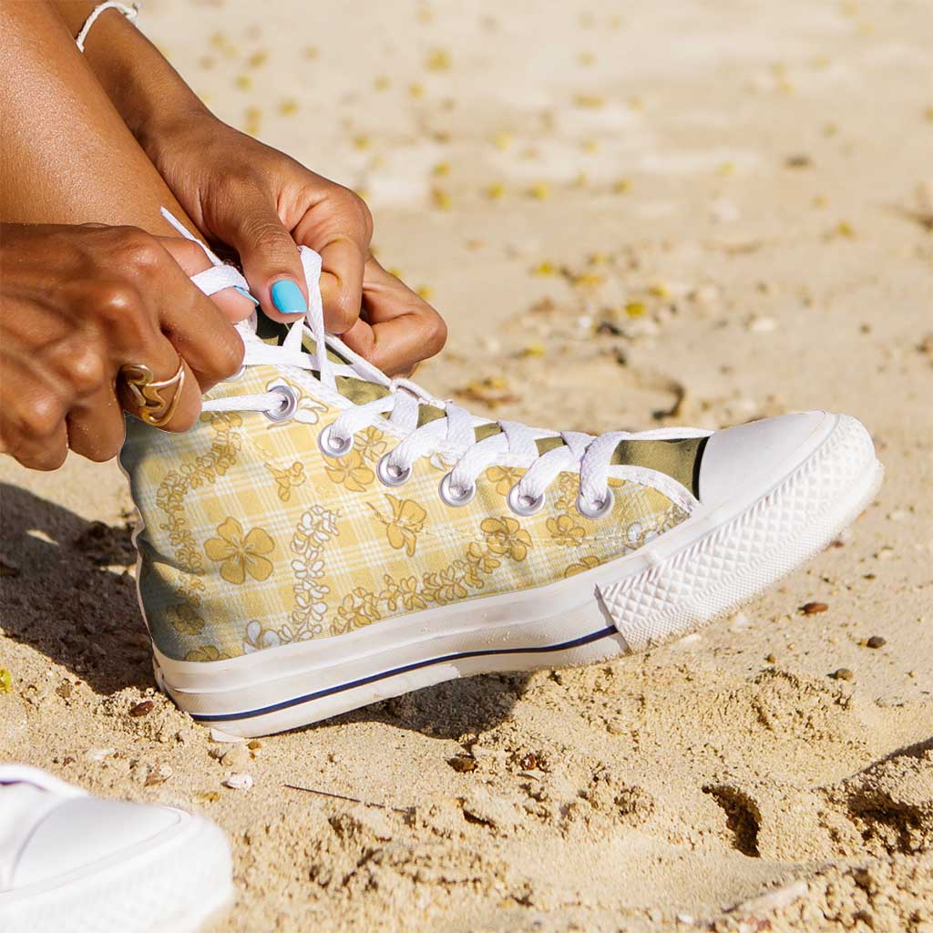 Melemele Aloha Hawaii High Top Shoes Plumeria Lei With Palaka Motif - Polynesian Pride