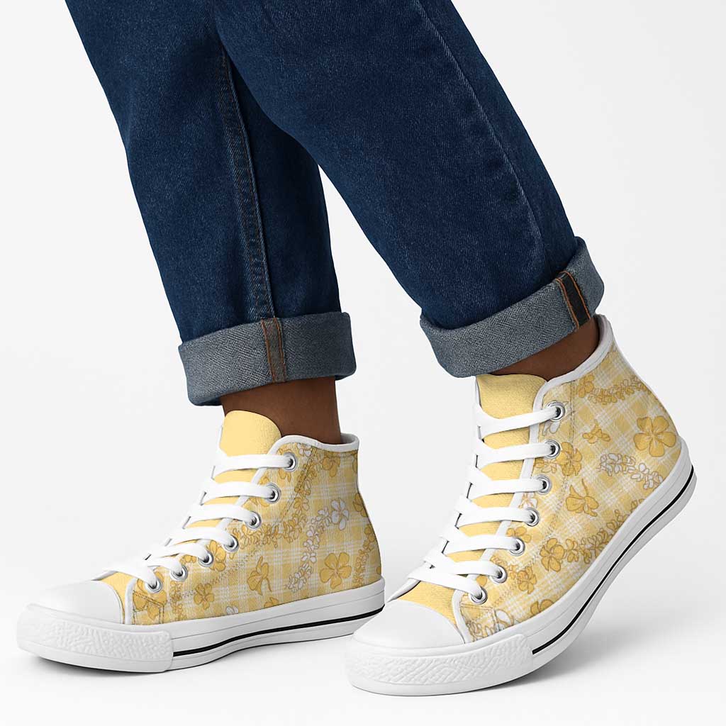 Melemele Aloha Hawaii High Top Shoes Plumeria Lei With Palaka Motif - Polynesian Pride