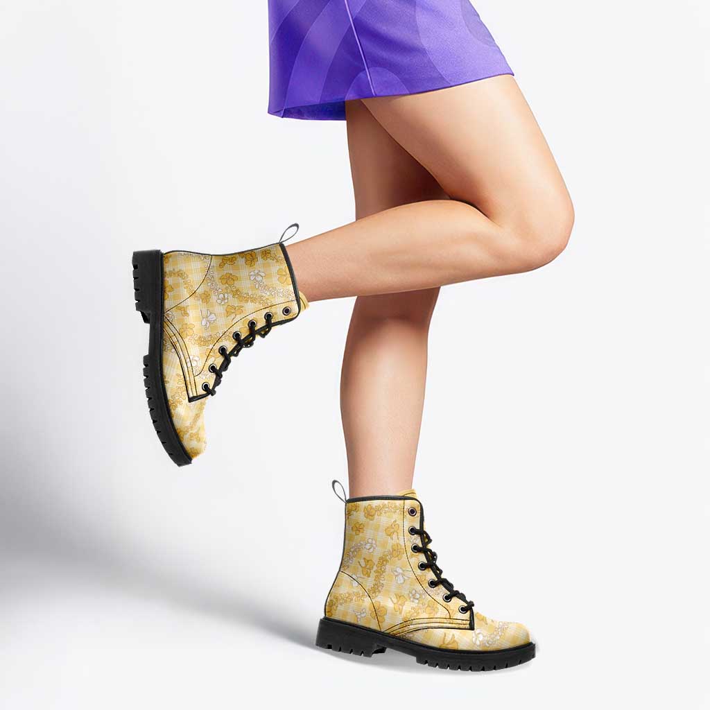 Melemele Aloha Hawaii Leather Boots Plumeria Lei With Palaka Motif - Polynesian Pride