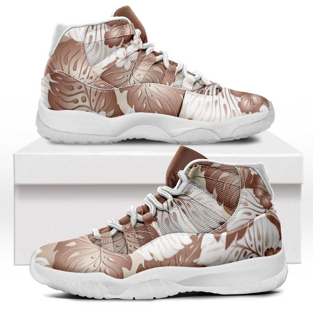 Mocha Mousse Aloha Hawaii Sneakers J11 Monstera Hibiscus Plumeria Seamless Vibes - Polynesian Pride