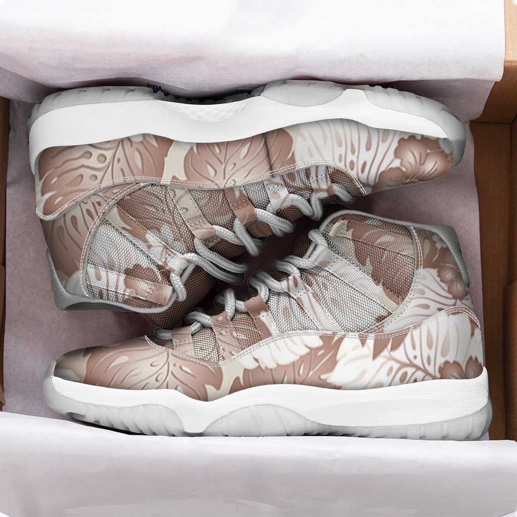 Mocha Mousse Aloha Hawaii Sneakers J11 Monstera Hibiscus Plumeria Seamless Vibes - Polynesian Pride