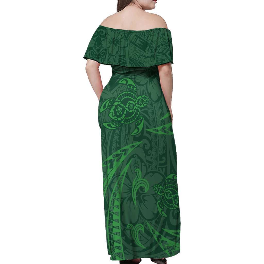 Polynesian Tribal Green Family Matching Off Shoulder Maxi Dress and Hawaiian Shirt Turtle Tattoo LT05