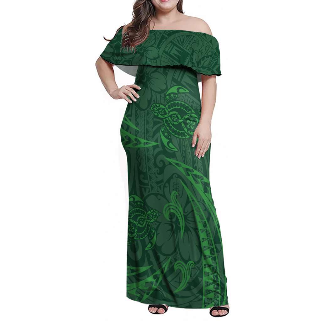Polynesian Tribal Green Family Matching Off Shoulder Maxi Dress and Hawaiian Shirt Turtle Tattoo LT05