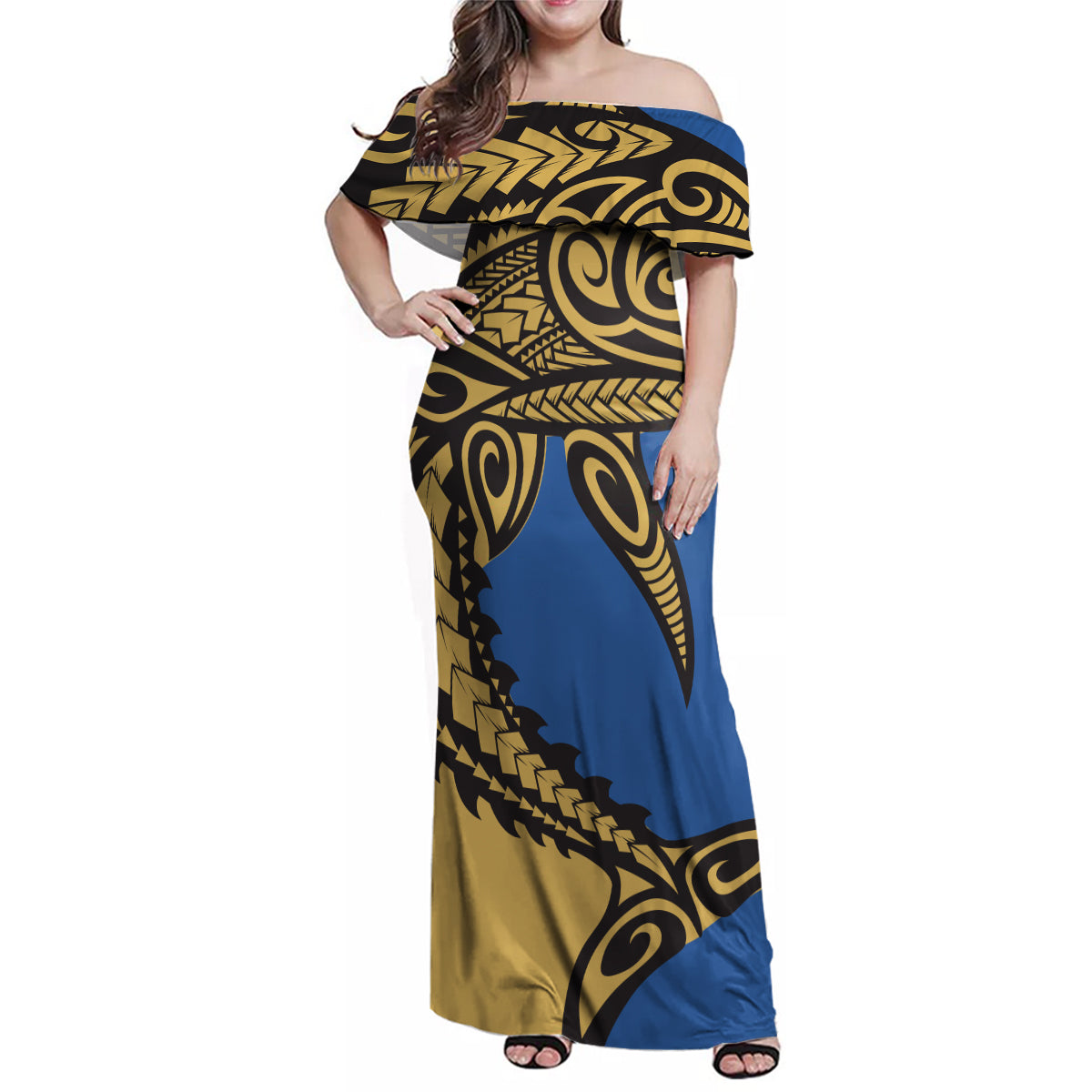 Polynesian Family Matching Outfit Samoan Shark Polynesian Tribal Off Shoulder Long Sleeve Dress And Shirt Family Set